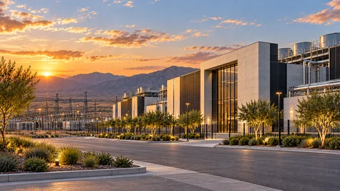 Data-centre campus with electrical infrastructure beneath a sunset sky.