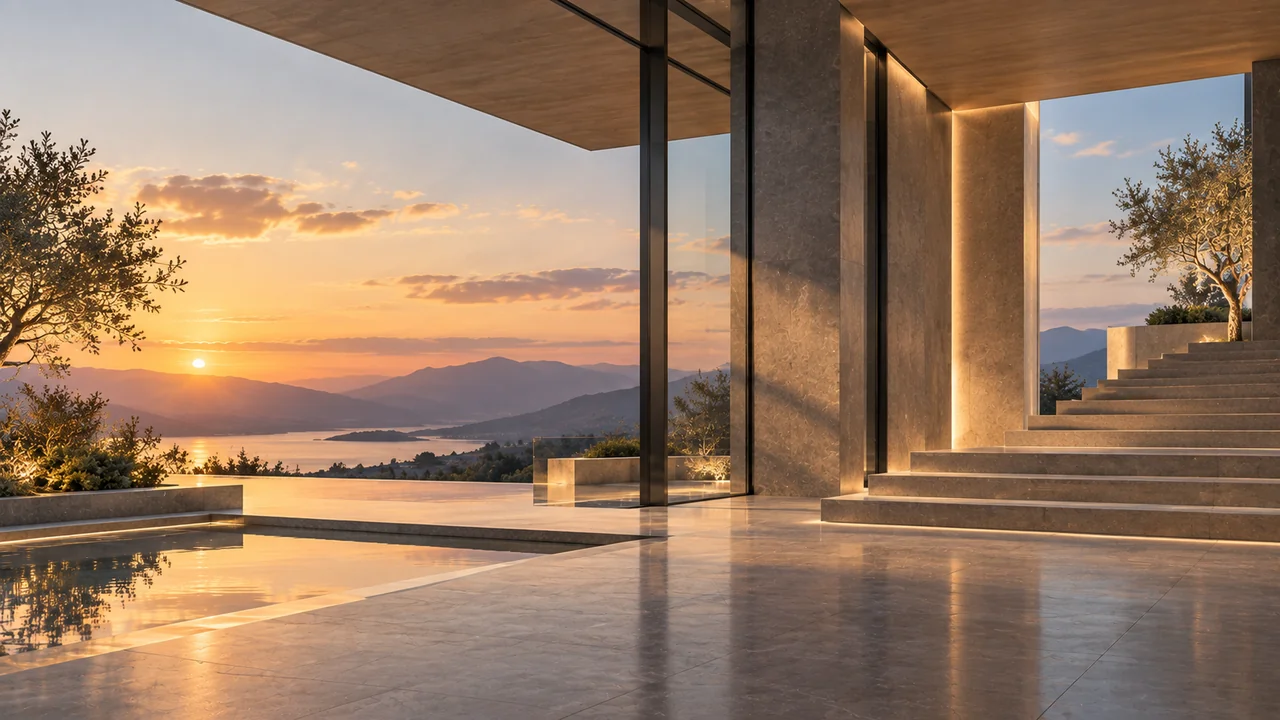 Stone architecture and broad illuminated steps overlooking mountains and water at sunset.