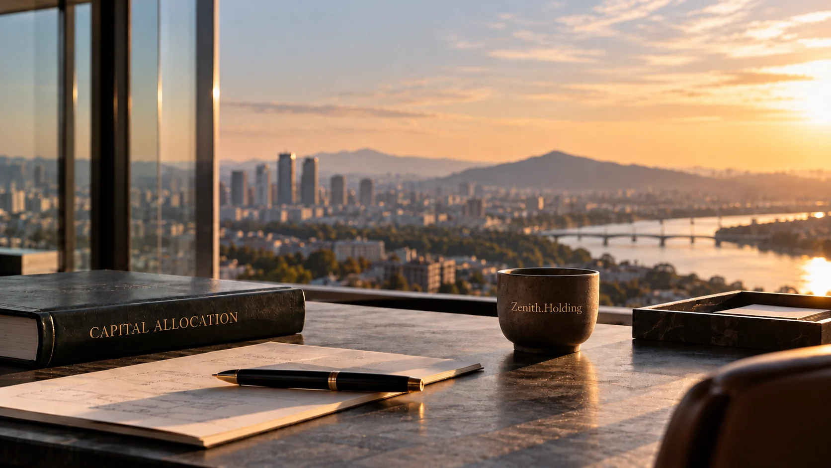Executive workspace at sunset with a Capital Allocation volume, planning notes and a Zenith.Holding cup.