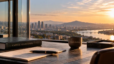Executive workspace at sunset with a Capital Allocation volume, planning notes and a Zenith.Holding cup.
